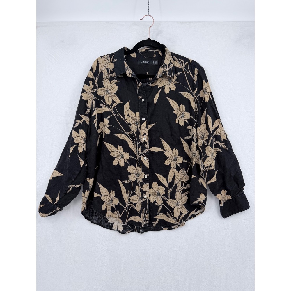 Lauren Ralph Lauren Womens 1X Linen Floral Button Up Shirt Black Tan Tropical